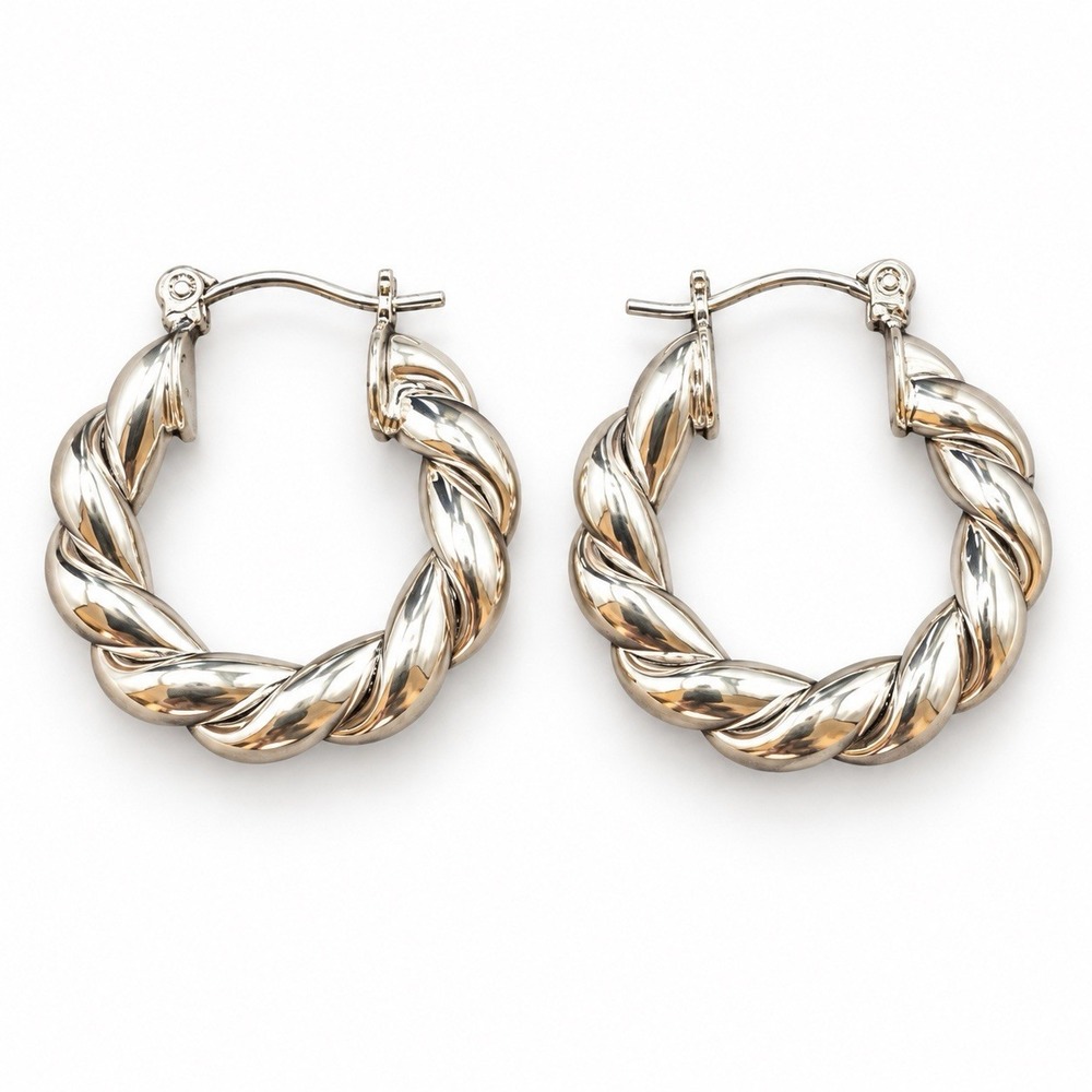 14K White Gold Plated Twisted Rope Hoop Earrings Round Latch Back No Stone Pair
